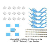 Set 4 Colors Led Strips 5V, 15 Connector 5V, 5 On/Off Switchs, 5 Power Supplies